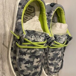 Hey Dude Kids Gray CamoDino Slip-On Sneakers with Lime Accents